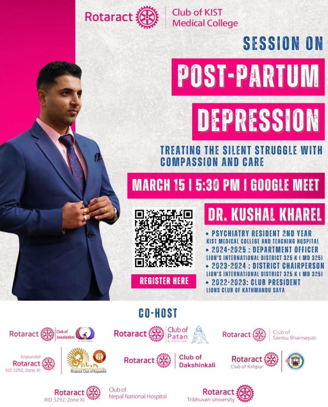 Poster for a Rotaract Club of KIST Medical College session on post-partum depression, with Dr. Kushal Kharel as keynote speaker