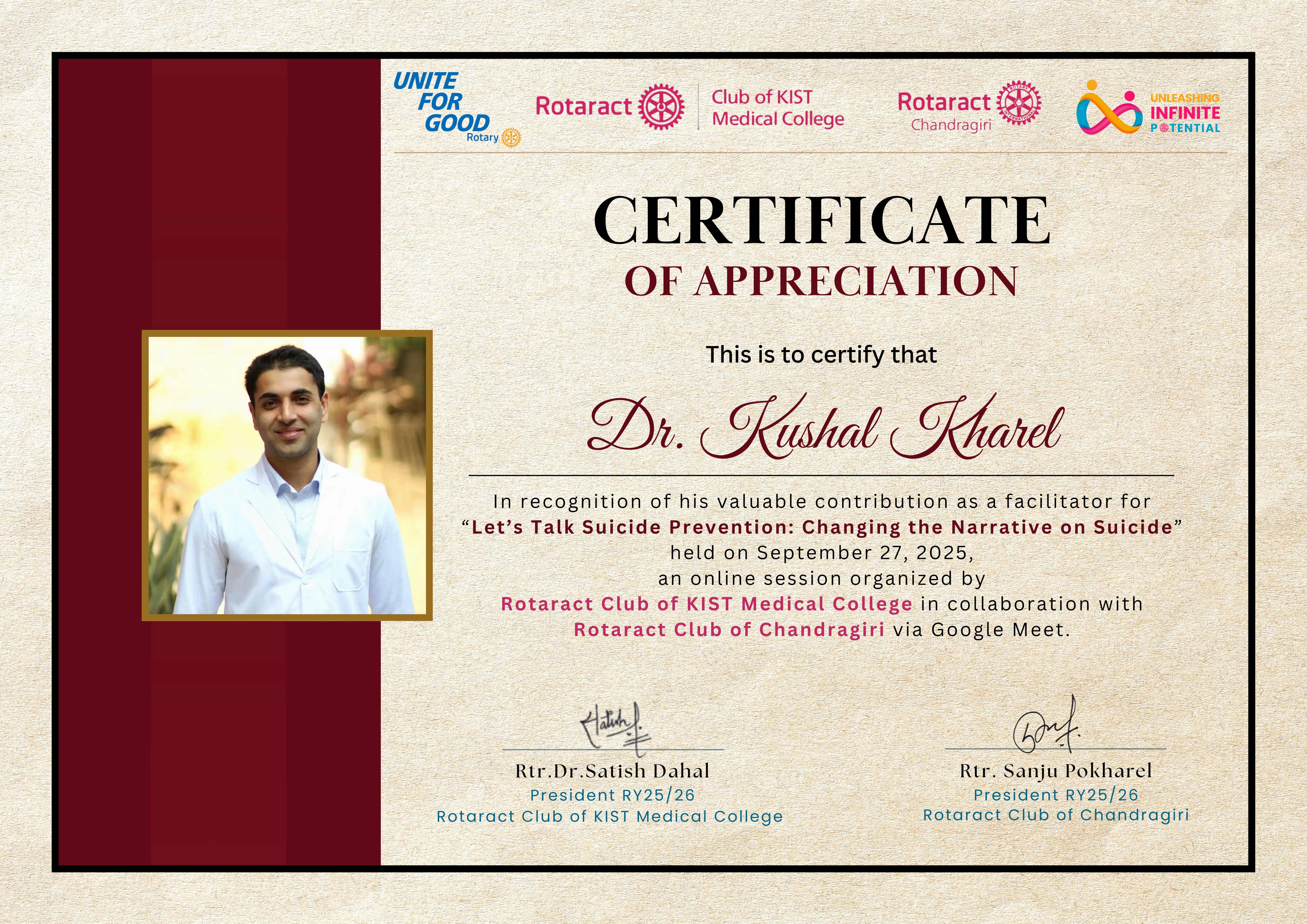 Certificate recognising Dr. Kushal Kharel as a facilitator for an online suicide-prevention session