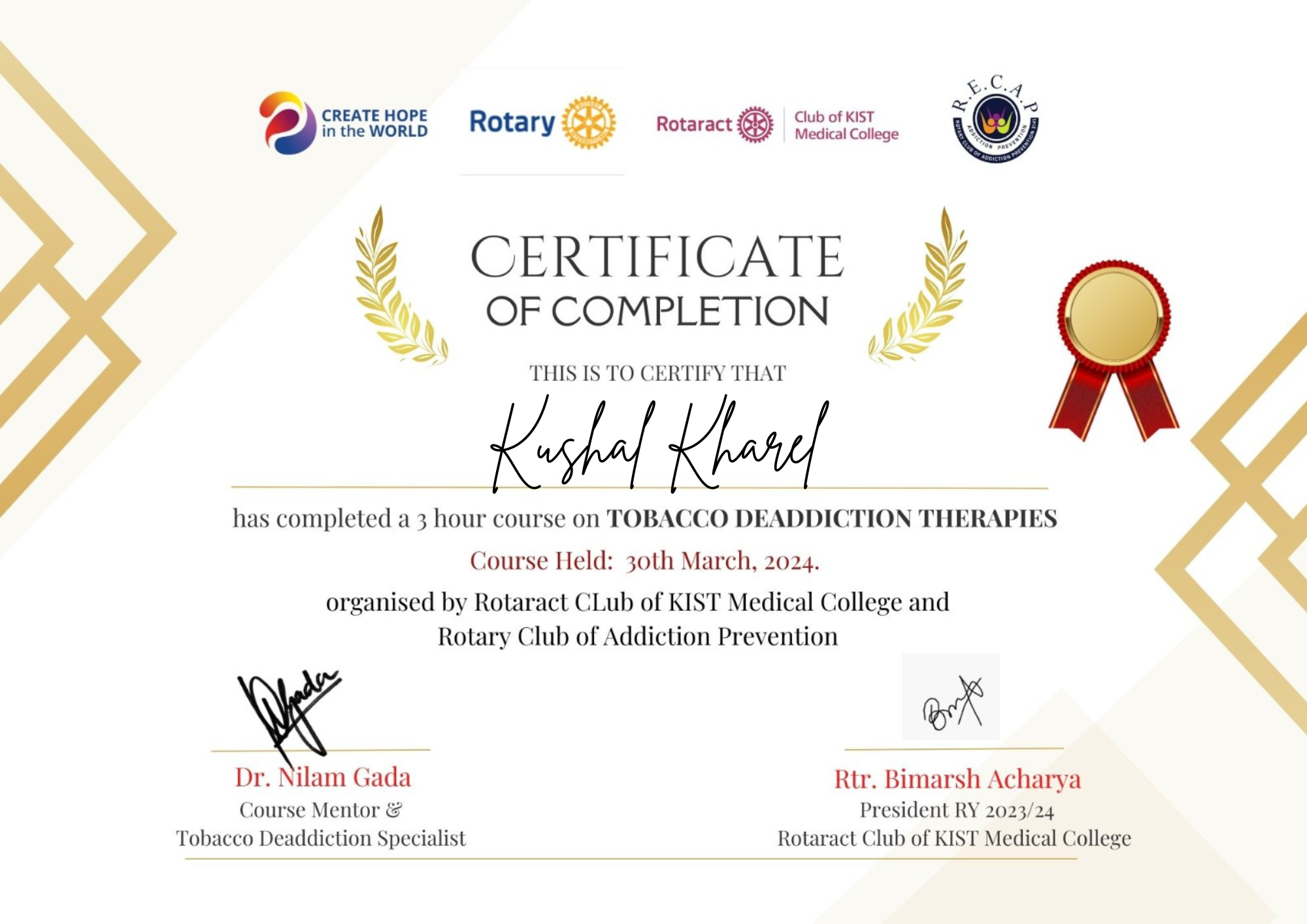 Certificate of completion for a tobacco de-addiction therapies course awarded to Kushal Kharel