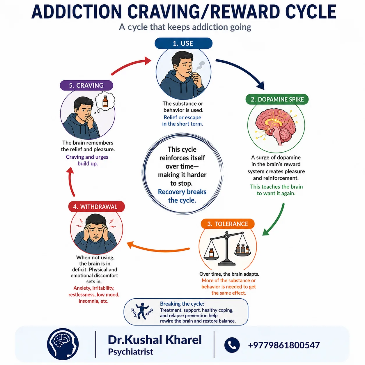 Diagram of the addiction craving and reward cycle: use, dopamine spike, tolerance, withdrawal, and craving looping back to use