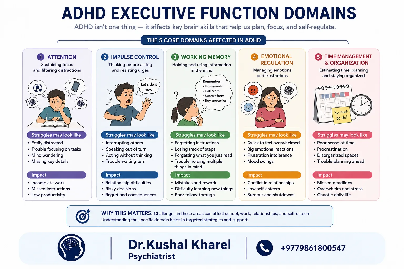 Diagram of the five ADHD executive function domains: attention, impulse control, working memory, emotional regulation, and time management and organization