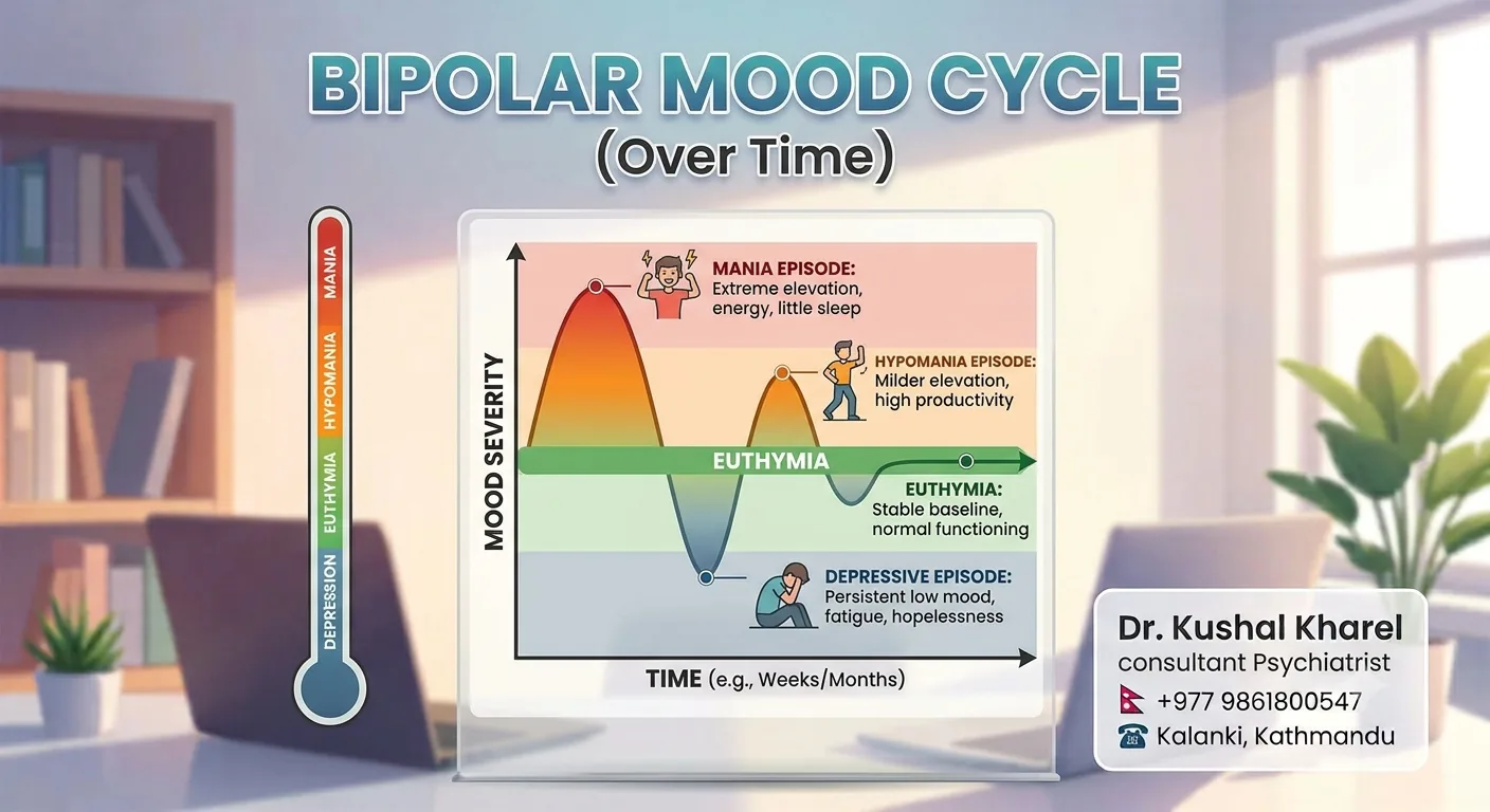 Diagram of the bipolar mood cycle showing mania, hypomania, euthymia and depressive episodes over time