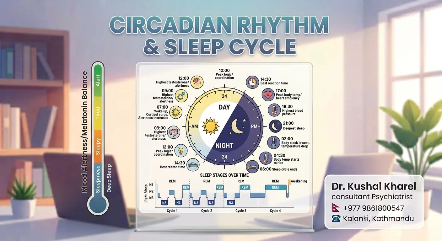 Diagram of the circadian rhythm and sleep cycle showing alertness and melatonin balance across a 24-hour day and REM/light/deep sleep stages across the night