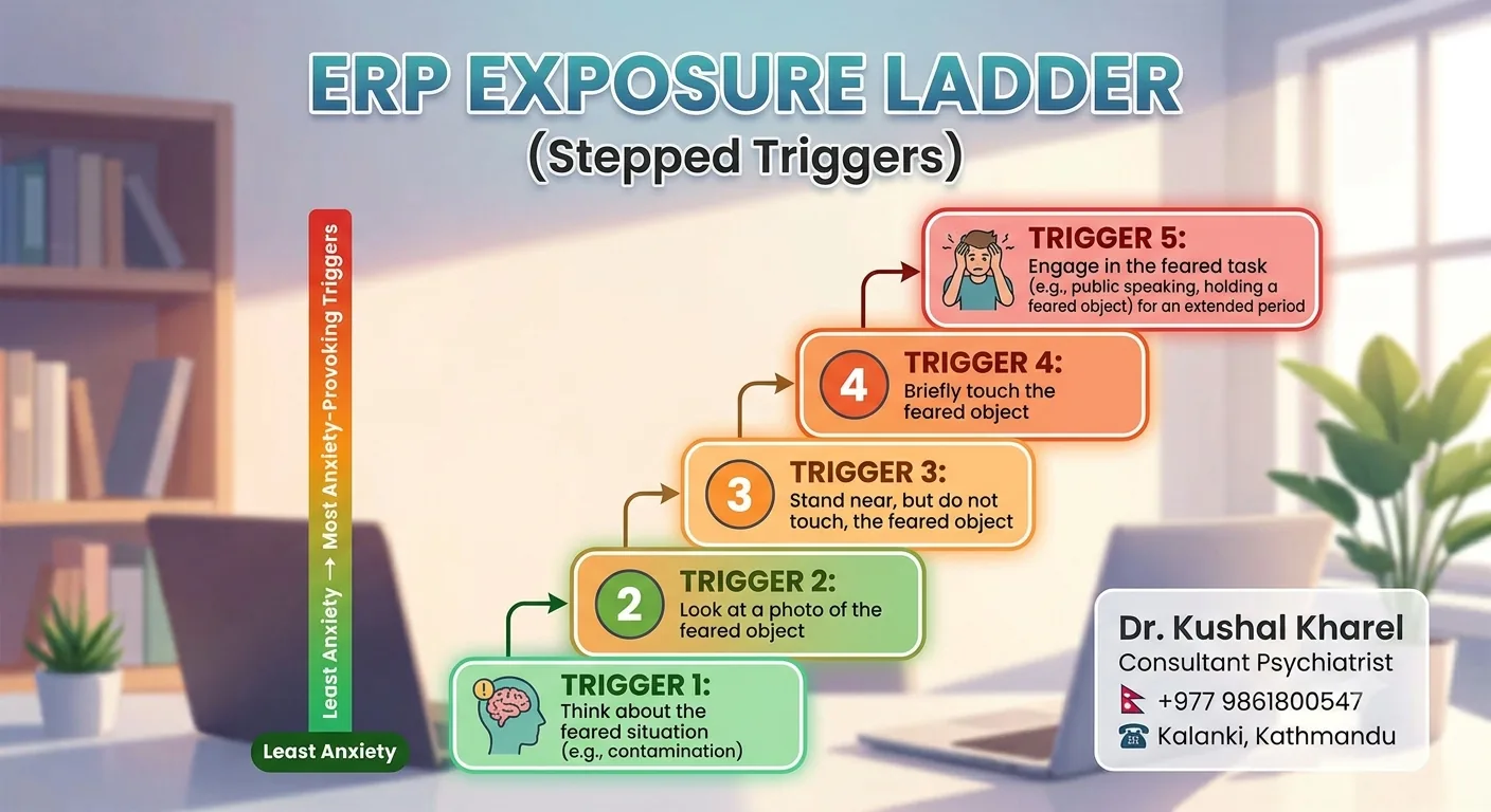 ERP exposure ladder showing five graded steps from least to most anxiety-provoking triggers